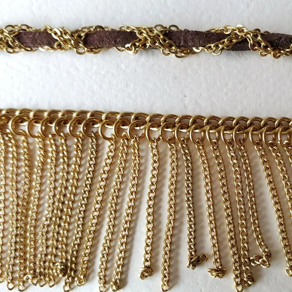 NWT Nordstrom Tribal Boho Festival Gold Chain Leather Choker Fringe Necklace
